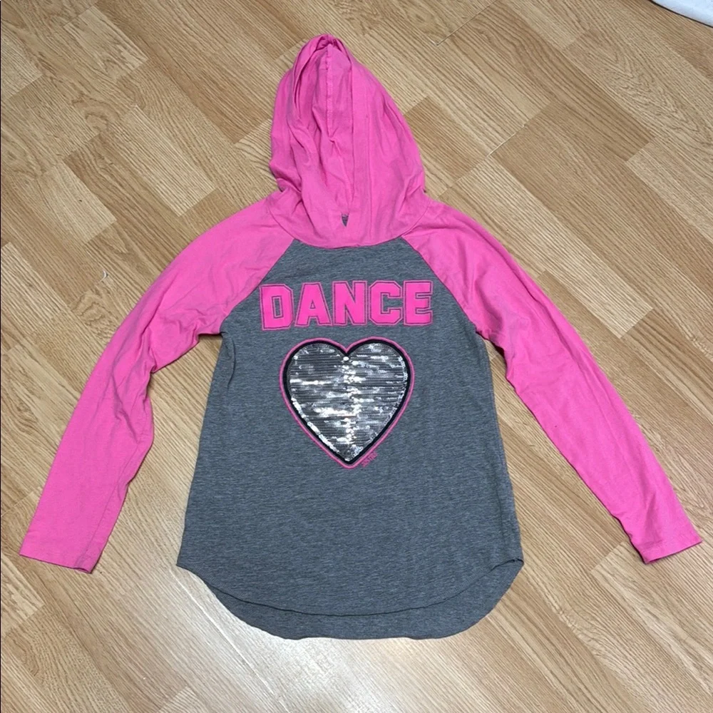 Justice Active Girls 12 Gray Pink Dance Hooded Top Flip Sequin Long Sleeve Shirt